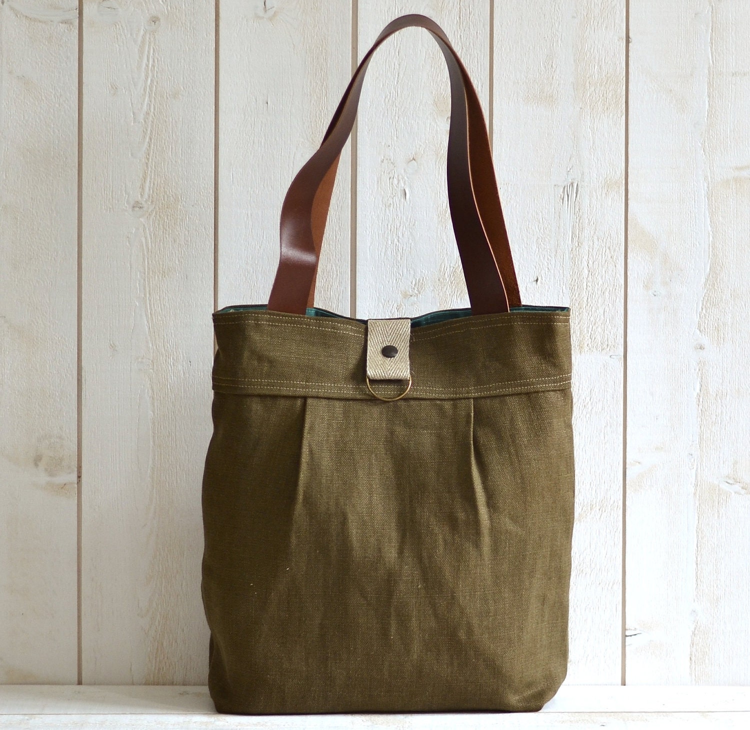Boxing Day Sale Winter fashion  Messenger bag / Laptop bag tote moss green linen with brown leather double straps