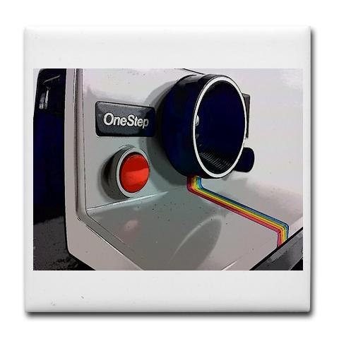 Coaster Tile Vintage Polaroid Camera Retro Pictures Camera Stripes Red Button Rainbow