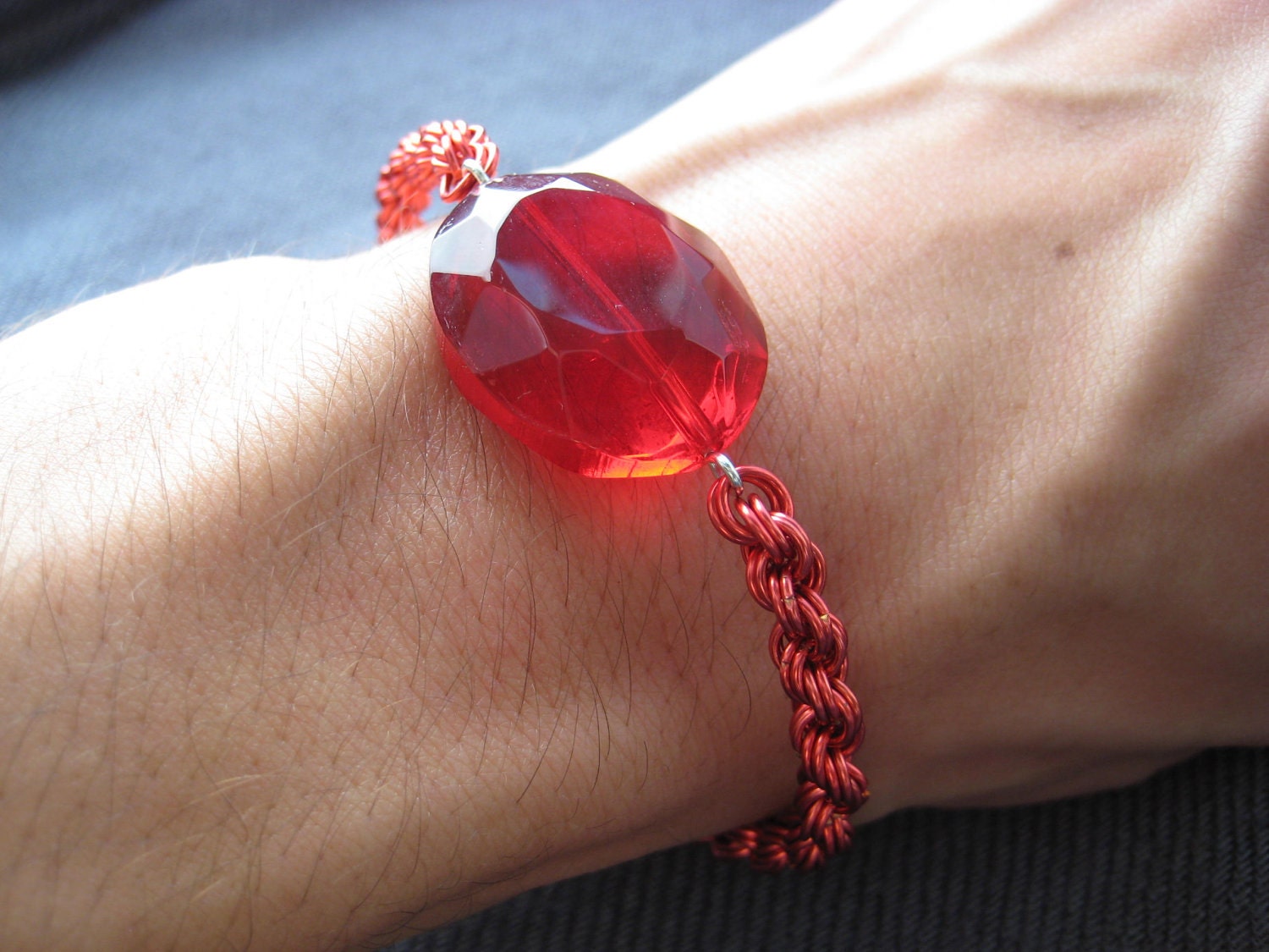 Red Chainmaille Spiral Chain Bracelet with Crystal