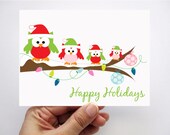 Holiday Card set, 6 Owl Christmas Cards - Set of 6 Happy Holidays Card with Adorable Winter Owls - REF: Chr003 - FREE SHIPPING