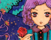 ACEO Art Print Girl With Rose, Pop Purple Green Gothic Lolita, Night Cemetery - Limited Edition 1/25