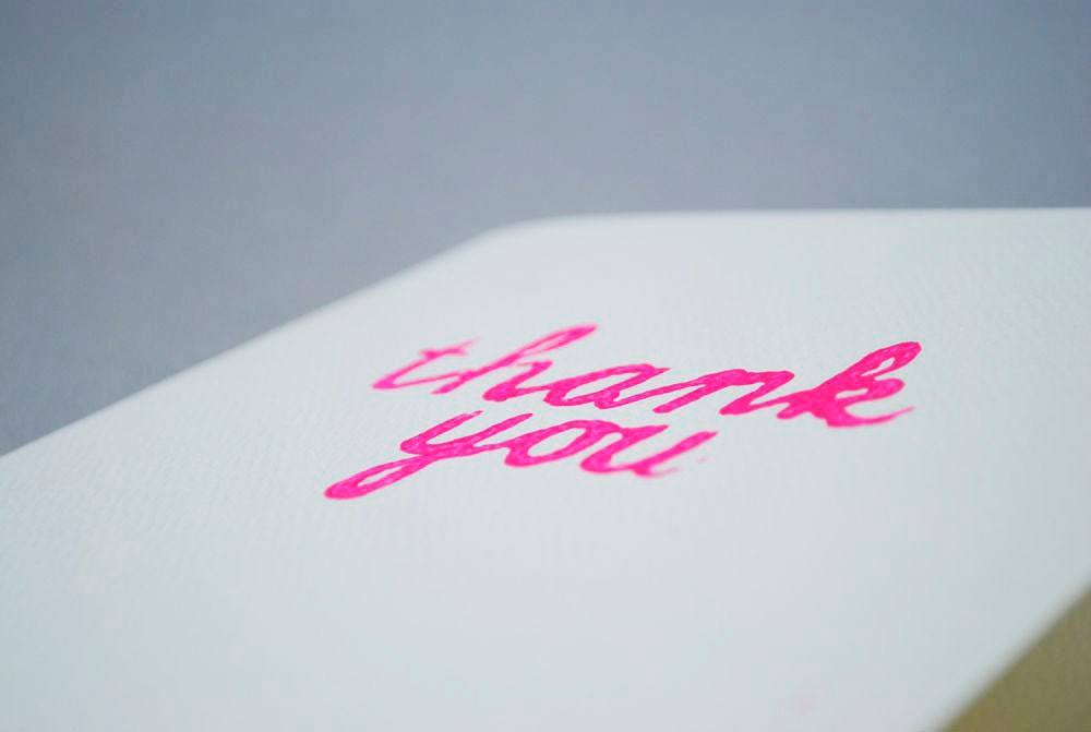 Magenta Thank You Card - Hot Pink Linocut Cursive on Ivory Notecard