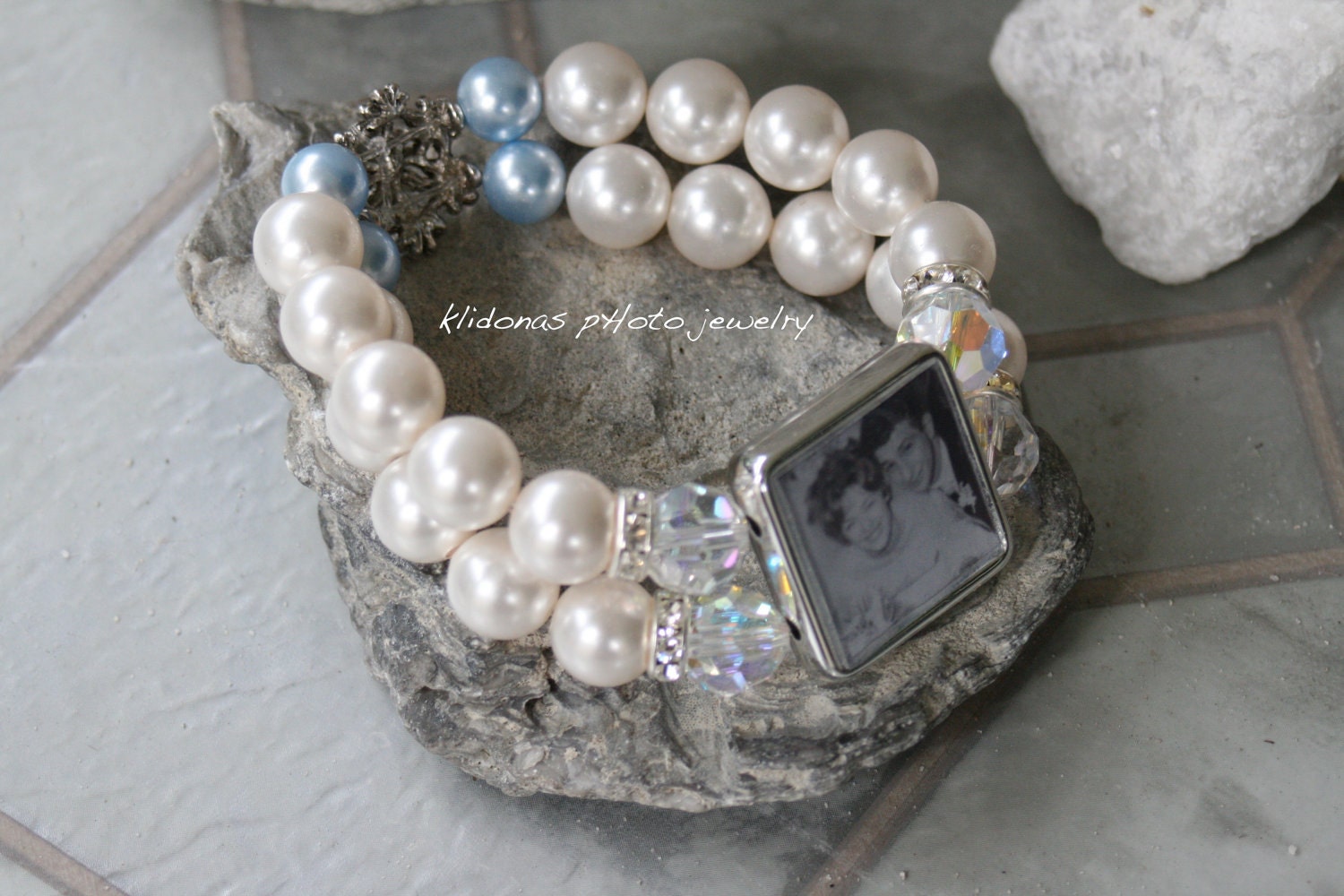 Bride's Bracelet, Wedding Jewelry, Pearl Wedding Bracelet Something Borrowed, Something Blue Photo Bracelet