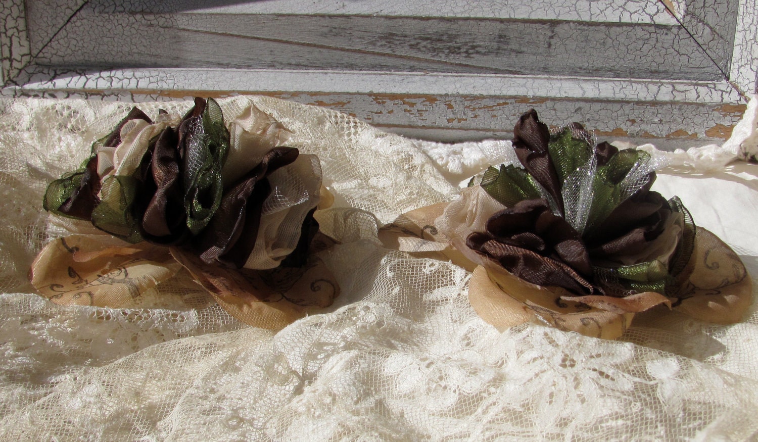 Fabric Hand stamped Flower Place Card Holder Or Decoration Green and Chocolate Brown  Set of 10 by My Broken Art on Etsy