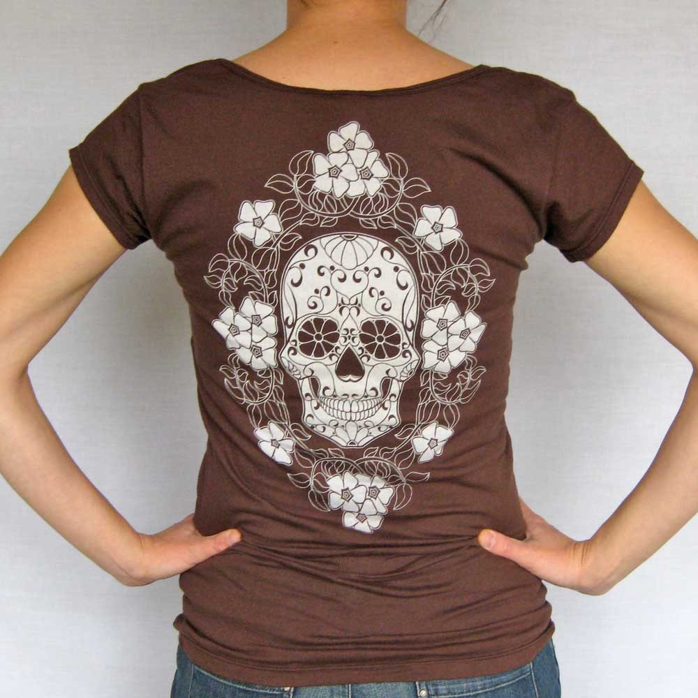 Calavera with Periwinkles womens t shirt - chocolate v neck tee - graphic - Med, Lrg, XL