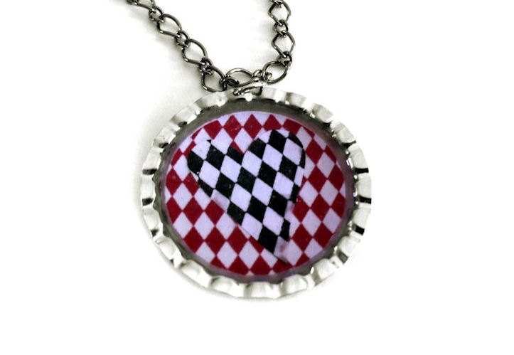 Queen of Hearts Harlequin Necklace by Everyday Bohemian. Silver and Gunmetal Grey with Diamond Design.