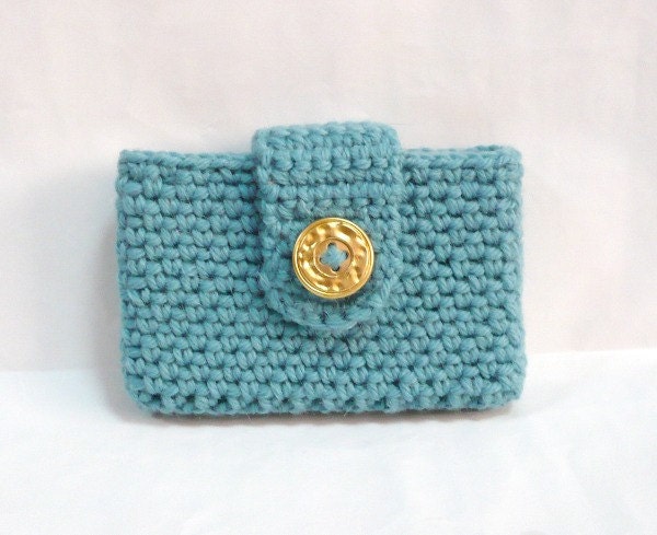 Crocheted Purse Crochet Card Wallet Business Card Holder Credit Card Case Card Wallet plastic mesh lining Lake Blue 4 x 2.5 x 0.875 inches