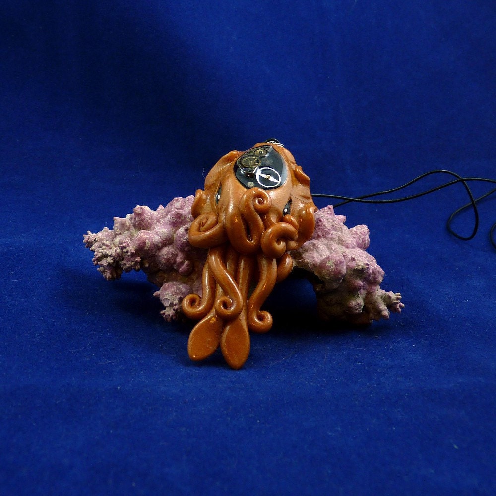 Brass Steampunk Cuttlefish Necklace - Handmade Polymer Clay Jewelry