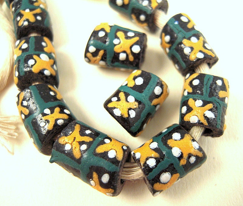 11 African Black Tiny Star Glass Beads, Ghana Beads