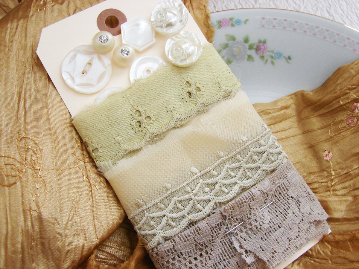 Inspiration Kit Tag, Grubby Tea Stained Vintage Lace Eyelet, Rhinestone MOP Buttons