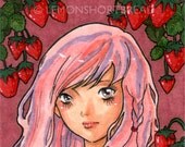 ACEO Art Print Strawberry Season, Archival Giclee, Pink Red Fruit Strawberries Girl  - Limited Edition 2/25