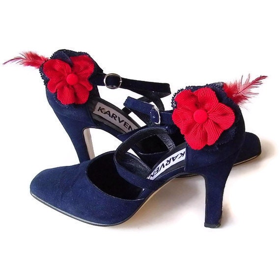 Feather pump shoe clips charm pin navy blue  red lace frilled floral ooak handmade