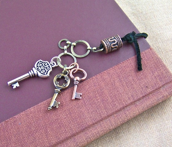 Bookmark - Keys: Silver, Copper & Brass Plated with Black Leather, Antiqued Chain and Copper Plated Pewter Barrel Bead