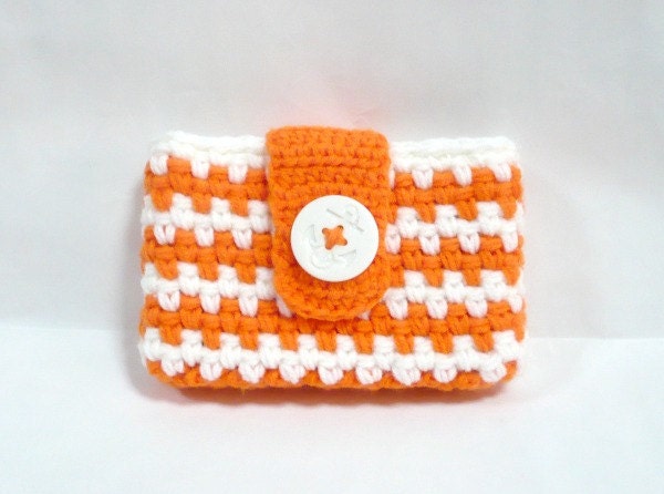 Small Card Wallet Crochet Business Card Holder Credit Card Holder Gift Card Case Plastic Mesh Lining Orange White 4 x 2.5 x 0.875 inches