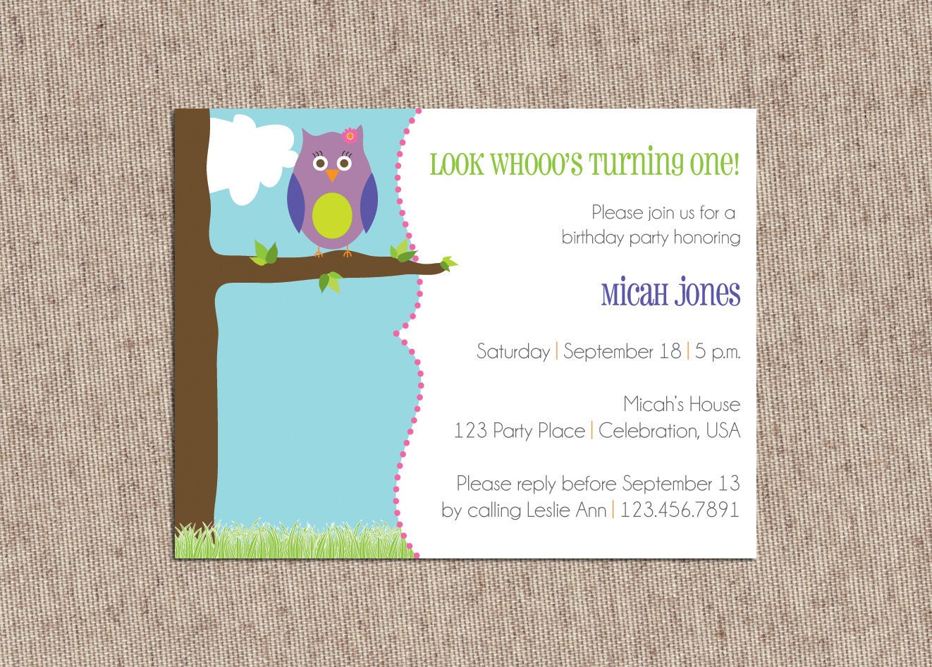 Owl Birthday Party Invitations - Look Whoo's Having a Birthday - Set of 12 Custom Invites