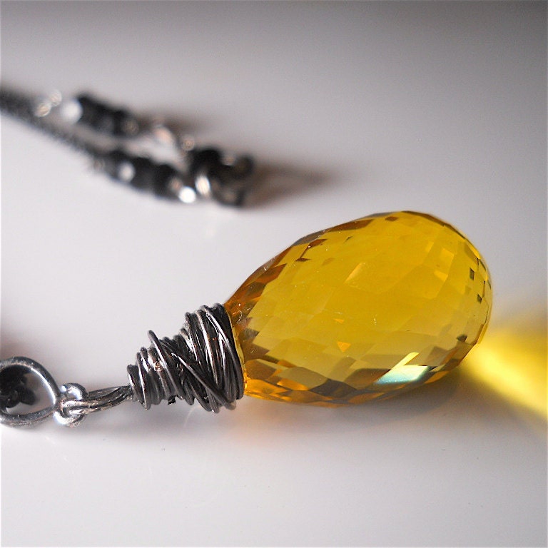 Yellow Gold Citrine,  Wire Wrapped Necklace Pendant with Antiqued, Oxidized Sterling Silver and Swarovski Crystal, Fall Fashion