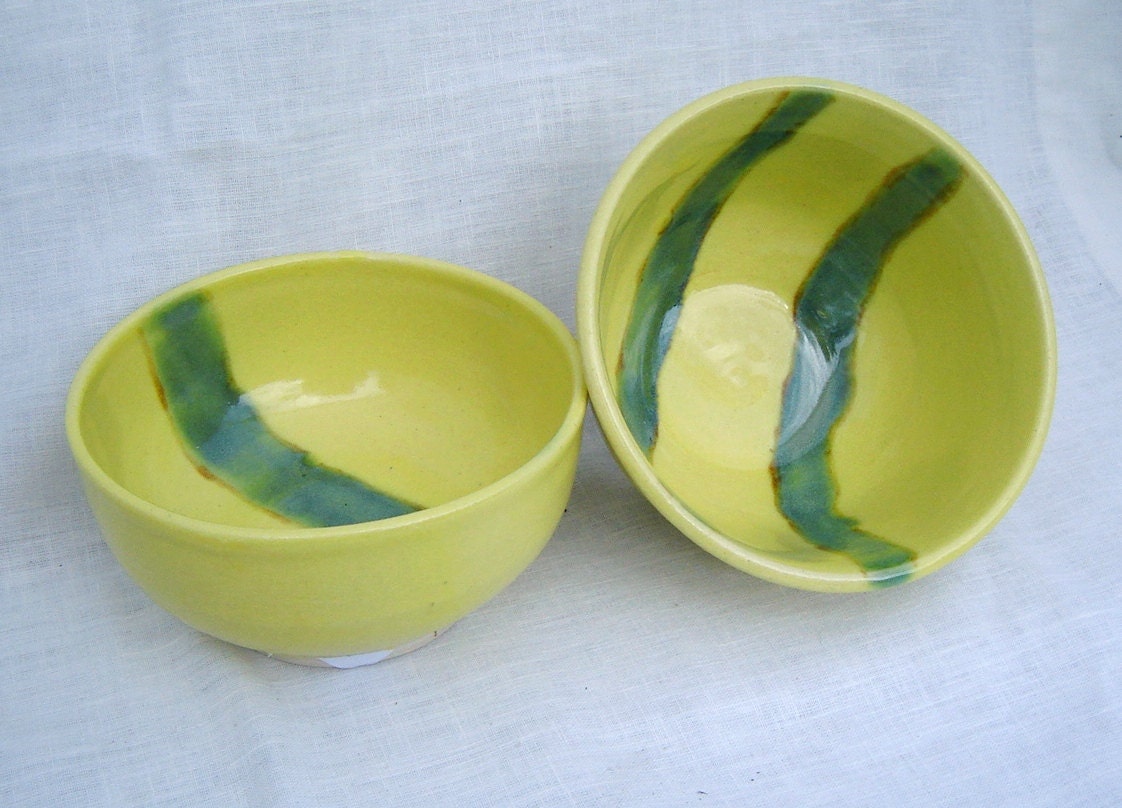 Bright Yellow Bowl Set of 2 with Green Stripes