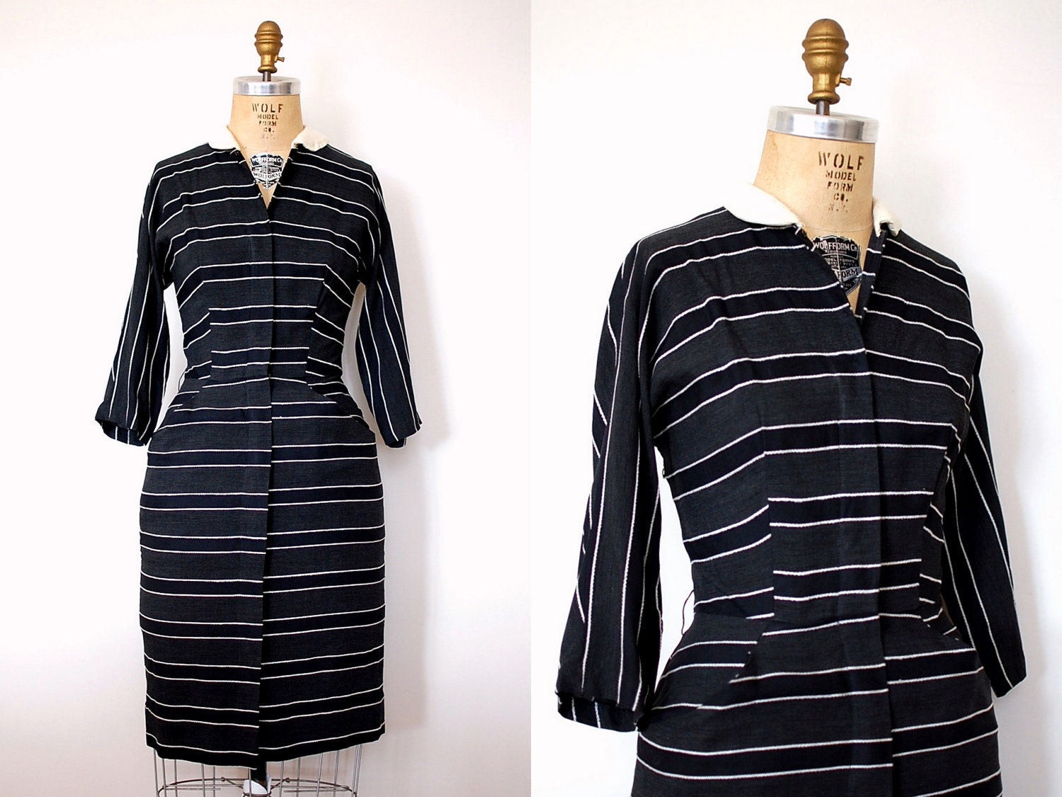 40s striped dress / 1940s black and grey dress / Wiggle Stripes