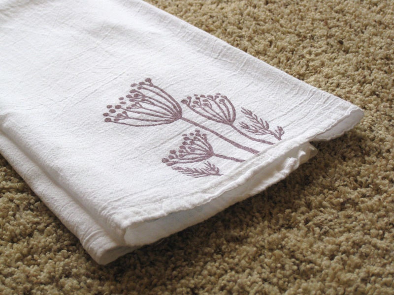 Kitchen Towel, block print, dill flowers in lavender (made to order)