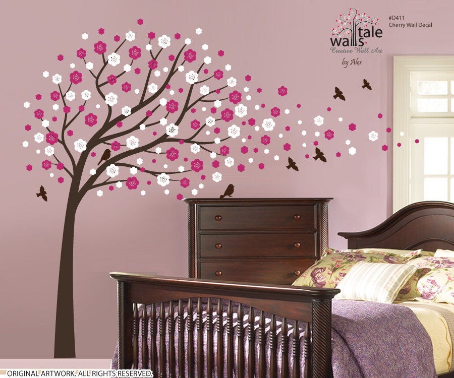Cherry wall decal. Large tree wall decal for nursery, bedroom. Blossom tree with bird wall decals. Blowing cherry wall decal.
