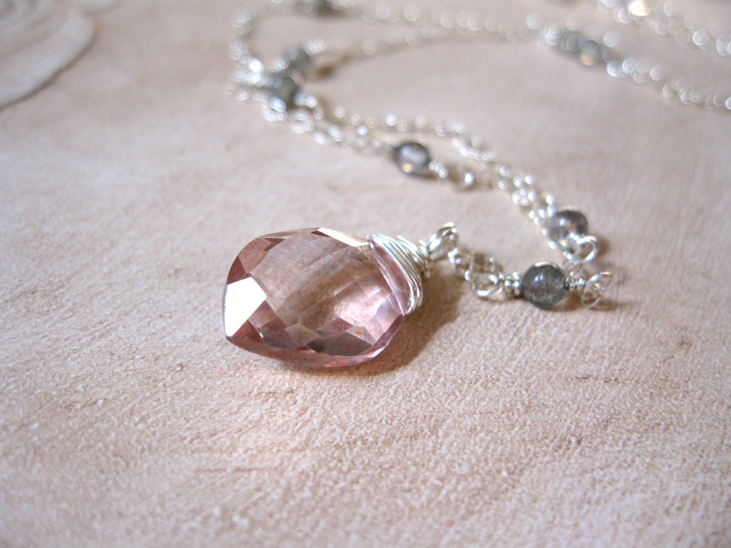 Pink Quartz, Labradorite Silver Necklace