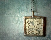 Antique French Lace Handmade Glass Pendant with Oxidized Sterling Silver Necklace