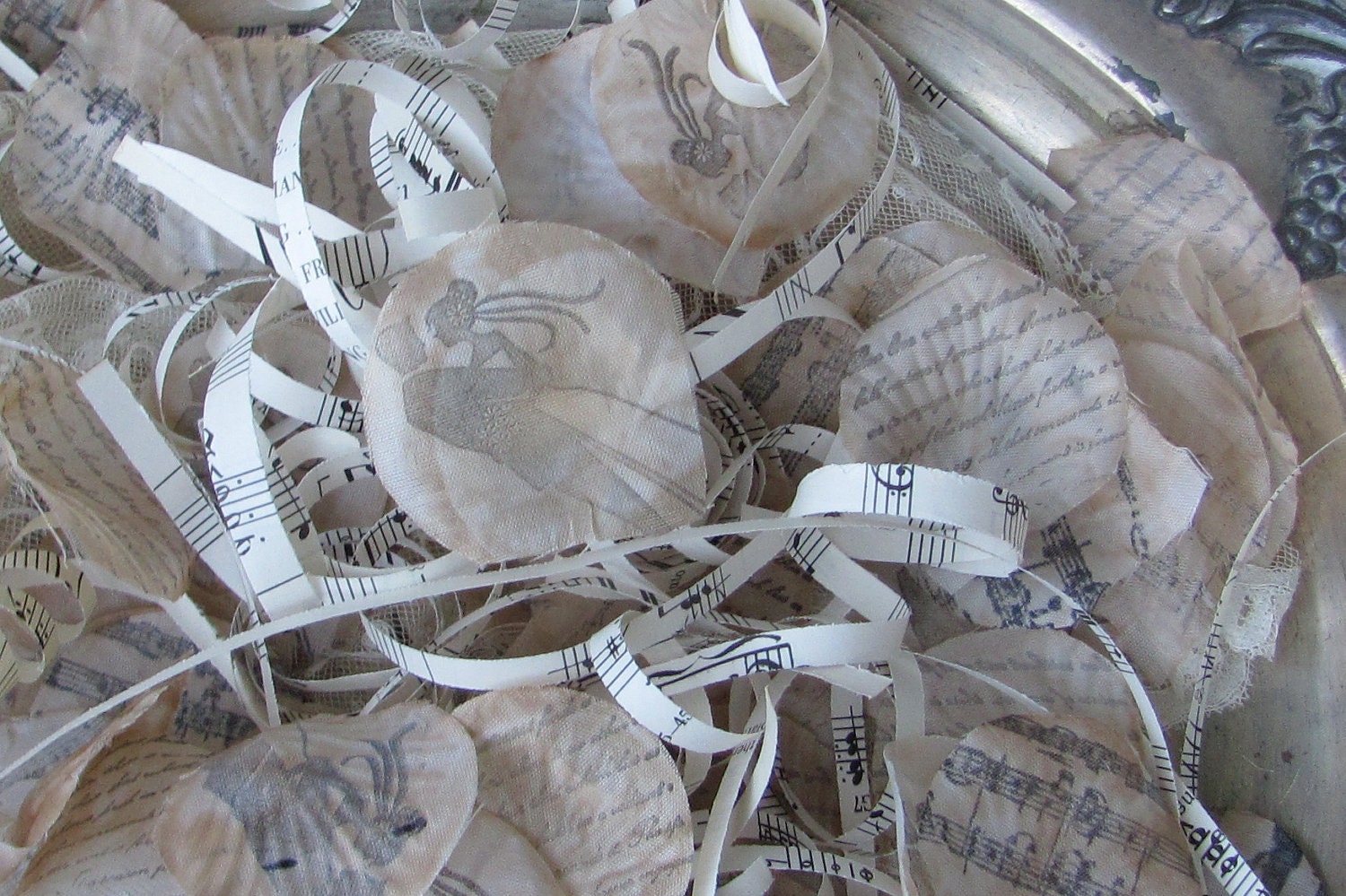 Hand Stamped Flower Petals And Vintage Sheets of Music by My Broken Art on Etsy