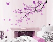 Lilac cherry blossom tree and birds - Removable vinyl wall decals, flower wall decals baby room