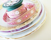 Jacquard Ribbon, Vintage Bollywood Princess Trim, Pink White Flowers on Metallic Gold Background