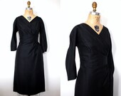 50s cocktail dress / vintage 1950s silk dress / Black Gathers
