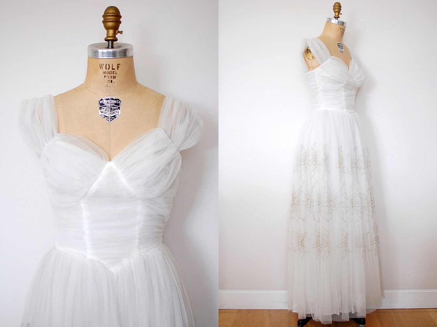 1940s wedding dress / 40s white wedding gown / White Tulle Embroidered