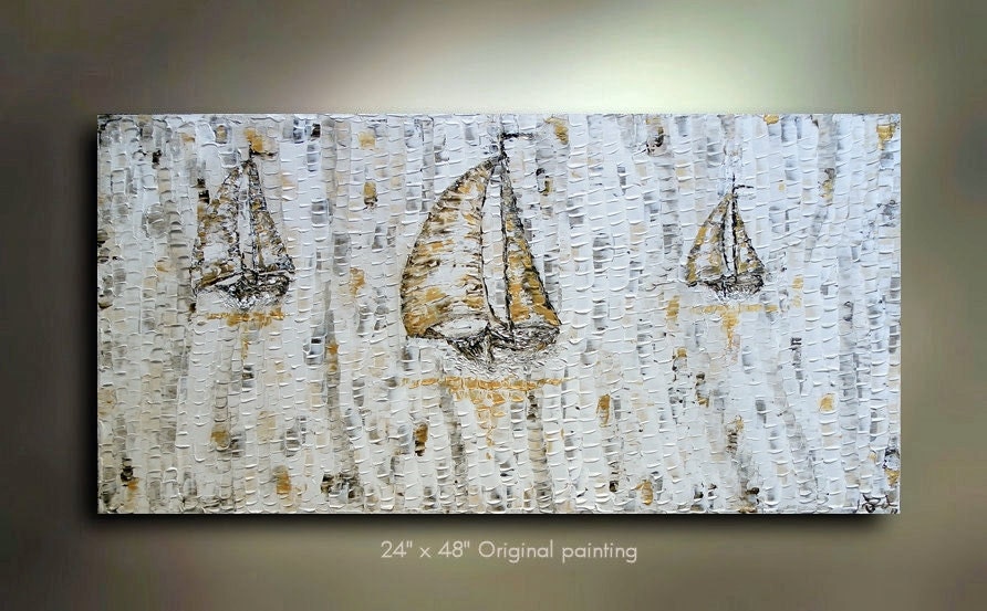 Original Sailboat Painting Abstract Texture wall decor Artwork 48x24 Modern Contemporary Fine art canvas acrylic Made to Order by OTO