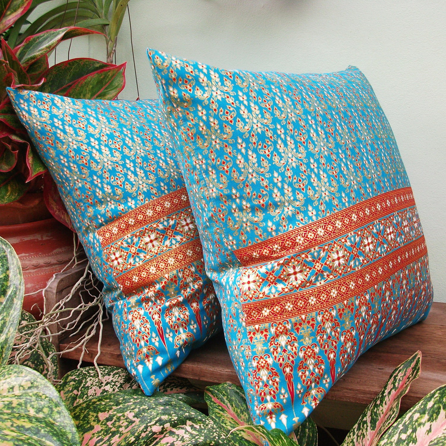 Blue and Gold Thai Painting sofa Throw decorative pillow cushion covers 18 inches