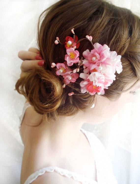 hot pink cherry blossom hair clip - DEVOTEDLY - bridal headpiece accessory