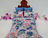 FREE SHIPPING NEW Miniature Doll house Blue Pink Cherry Blossom Bedding Double bed for 1:12