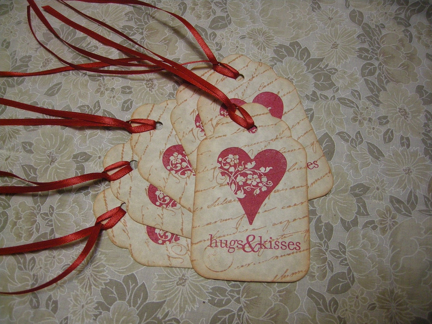Hugs and Kisses Gift Tag - Valentine's Day, Love, Special Occasion, Heart - Vintage Red - set of 6