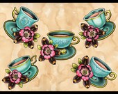 Turquoise Teacups Tattoo Flash - Print