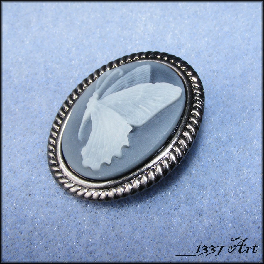 Butterfly Cameo Brooch Pendant White on Grey 25x18mm