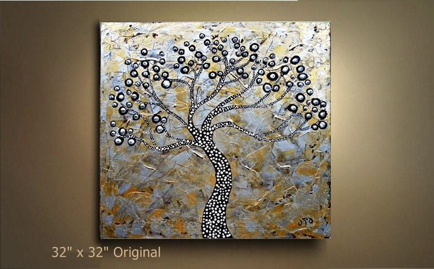 ORIGINAL Silver Gold Tree painting Texture Art metallic 32x32 Modern Contemporary Made to Order by OTO