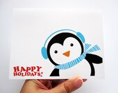 6 Happy Holidays Penguin Christmas Cards - Happy Holidays Card with an Adorable Winter Penguin - REF: Chr005 - FREE SHIPPING