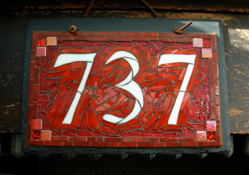 Mosaic House Number on Slate  3 digit