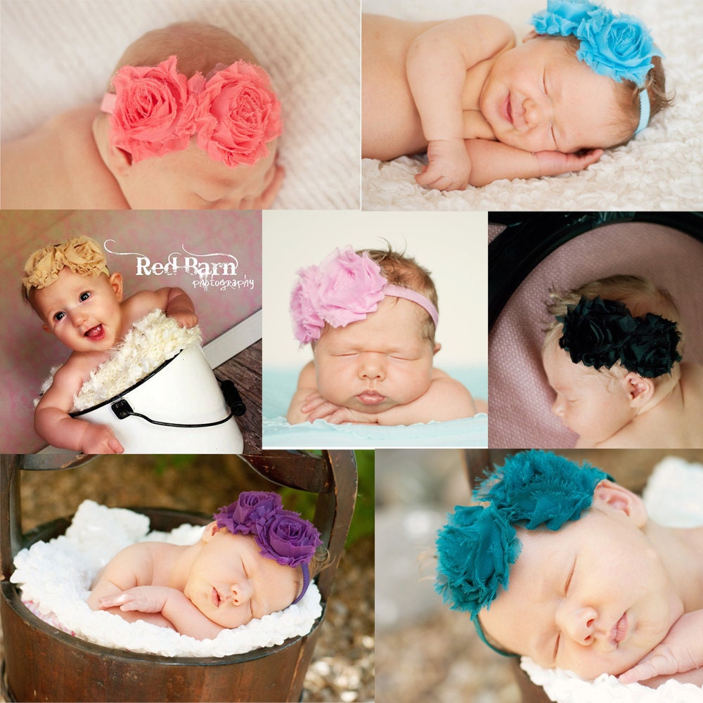 You Pick 3 Shabby Chic Frayed Rosettes NEW COLORS Headband All Ages Coral Green Yellow Red Purple Teal Pink Beige Black Turquoise