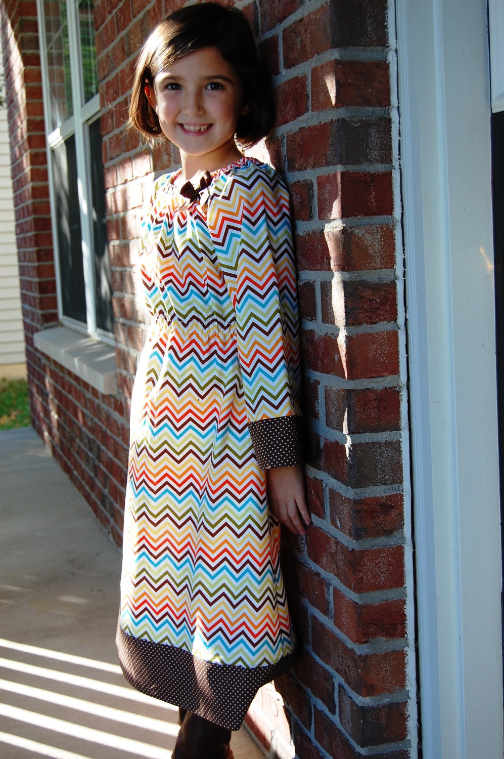 Holiday Thanksgiving Fall Orange Brown ZigZag Modern Girls Peasant Dress Long Sleeve Fall Winter 0-6 months thru 5  6 8 available