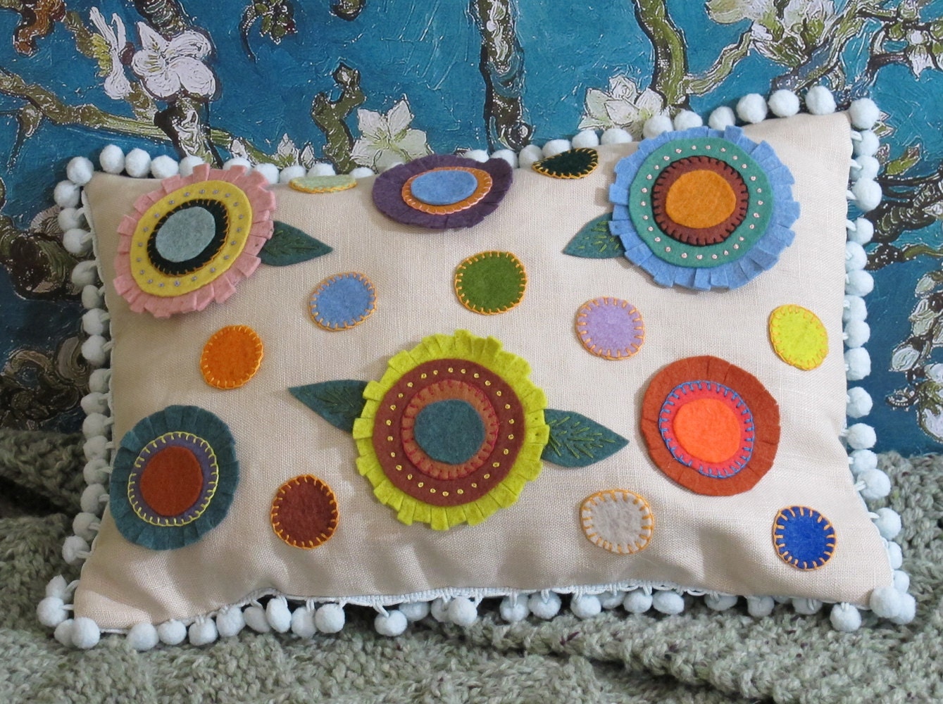 Folk Art Pillow in Bright Polka Dot Flowers -- eco friendly, cushion, organic linen, penny rug, wool felt, shabby chic