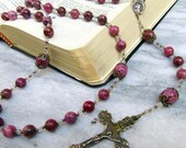Womans Rosary - Large Handmade Pink Crazy Lace Agate with Bronze Medals