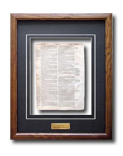 Framed 400 year old Geneva Bible page in double glass