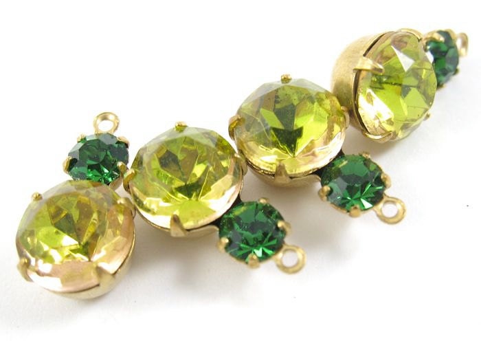 2 - 15x9mm Vintage Round Cuba Stones and Swarovski Crystal  in 1 Ring Two Stones Brass Prong Settings - Jonquil Peridot and Green Turmaline