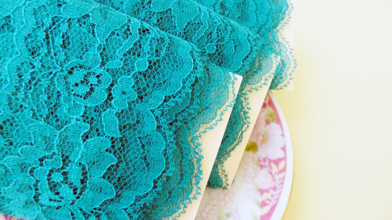 Vintage Lace Trim, Teal Wide Flat Scalloped Floral Lace, 5 Yards