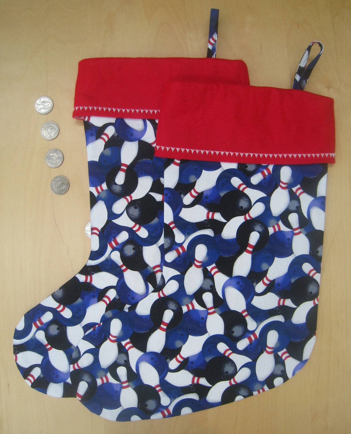Bowling Christmas Stocking 16"L x 12.5"W Red Felt Cuff, Embroidered, Interface & Lining, Invisible Stitching