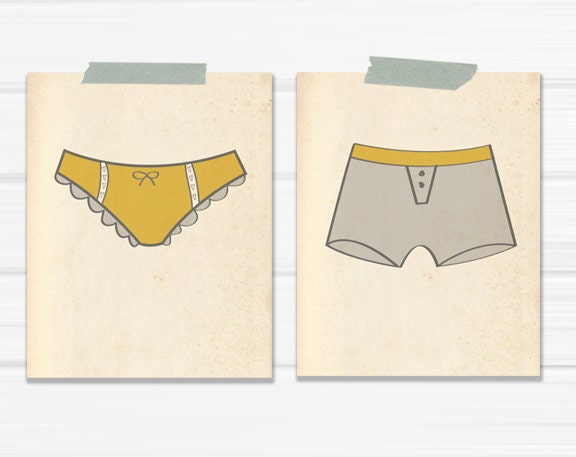 Graphic Art Illustrative Print "His and Hers" Boxers and Panties in Mustard and Gray